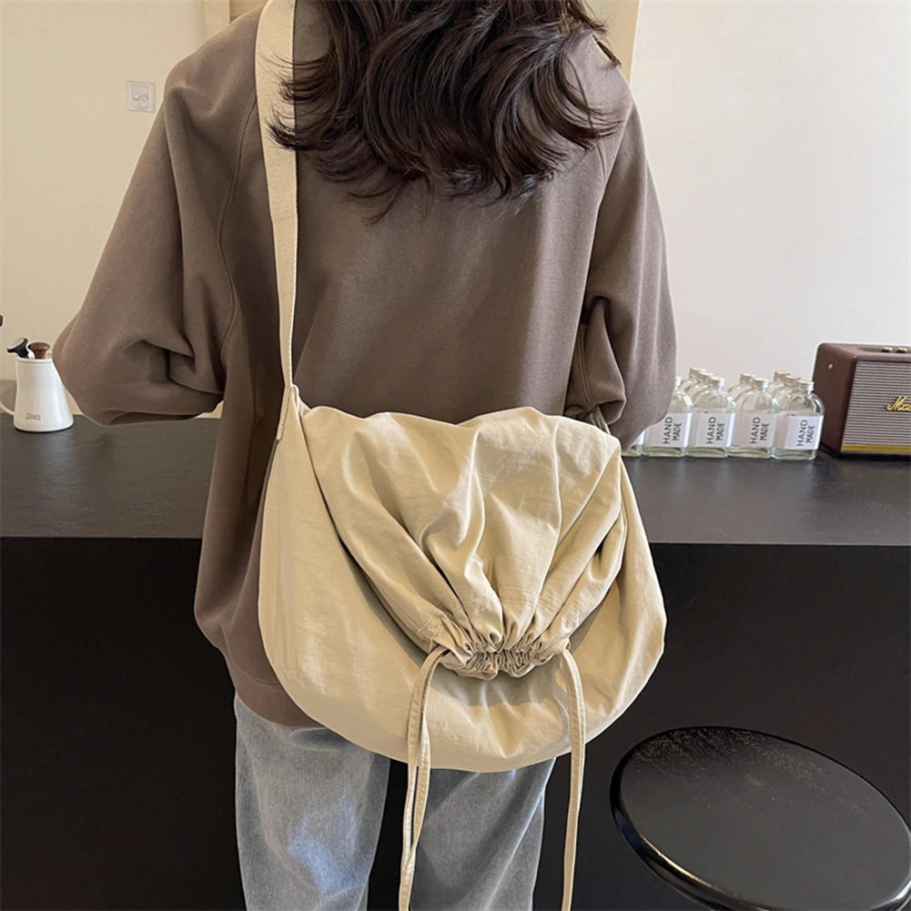 Women Drawstring Shoulder Bag Large Capacity Simple Crossbody Bag Solid Color Lightweight Shopping Bag Girls Outdoor Bag