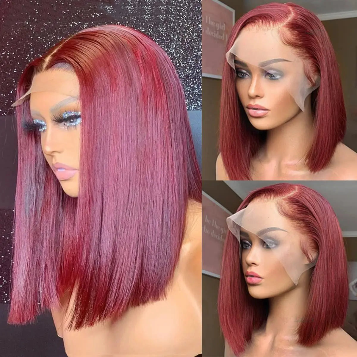 200% 13x6 Burgundy HD Transparent Short Bob Human Hair Wigs Color 99J Red Bone Straight Lace Front Wig For Women Pre Plucked