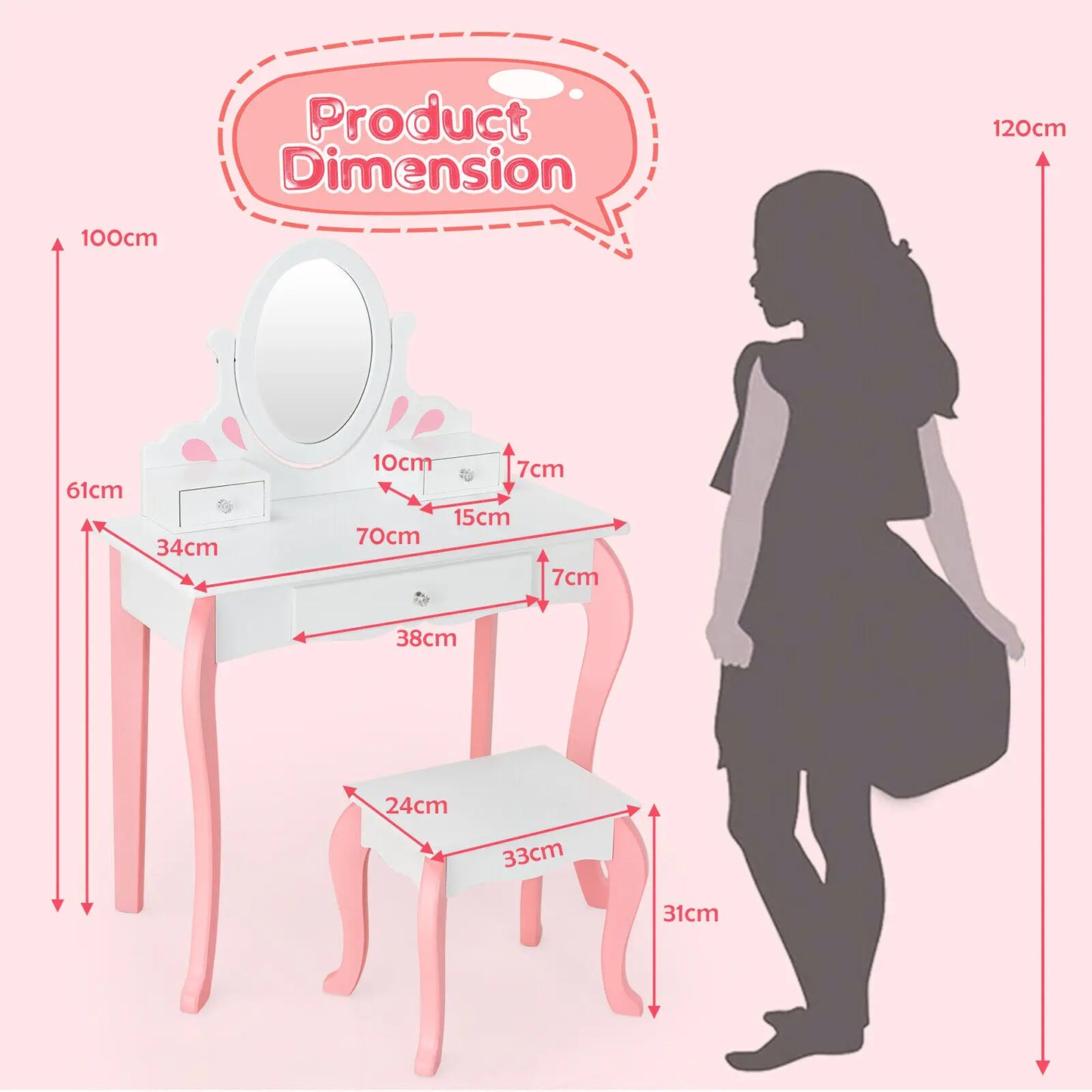 GOFLAME Kids Vanity Table Set with Mirror, 2 in 1 Toddlers Makeup Dressing Table & Stool