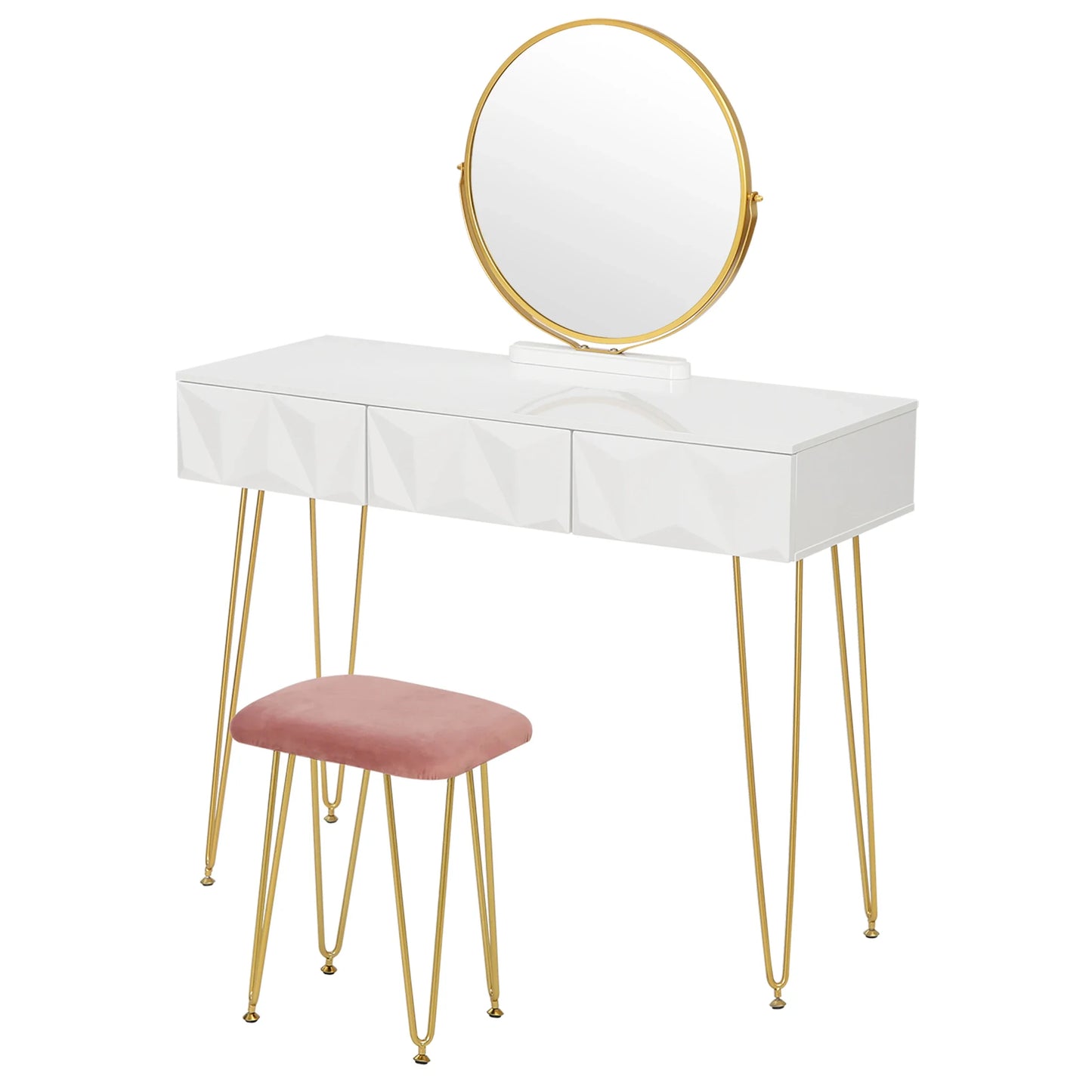 1SET White Gold Dressing Table  with 360° Swivel Mirror 3 Drawers 3D Effect Velvet Stool Cosmetic Makeup dressers for Bedroom