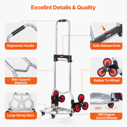 VEVOR 260lbs Folding Hand Truck with Telescoping Handle & 2 Elastic Ropes Stair Climbing Cart Dolly for Warehouse Moving