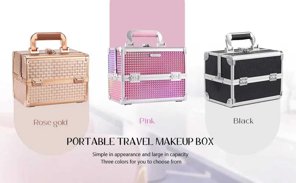 Portable Makeup Case with Mirror 2 Trays Lock Alloy Make-up Suitcase Travel Cosmetic Jewelry Nails Storage Box for Manicure Tech