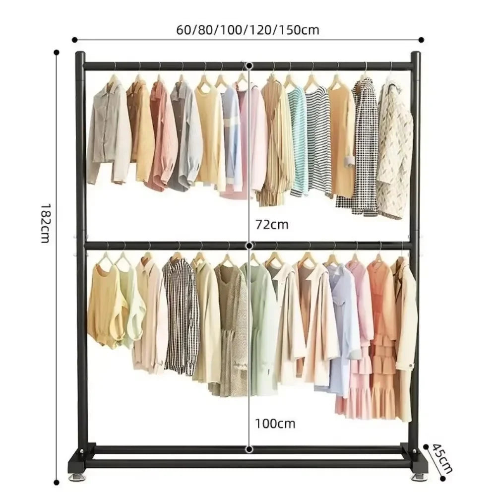 Simple Rolling Clothes Rack Double Layers Floor Standing Coat Hanger Stand Large Assembled Wardrobe Shoe Shelves Home Furniture