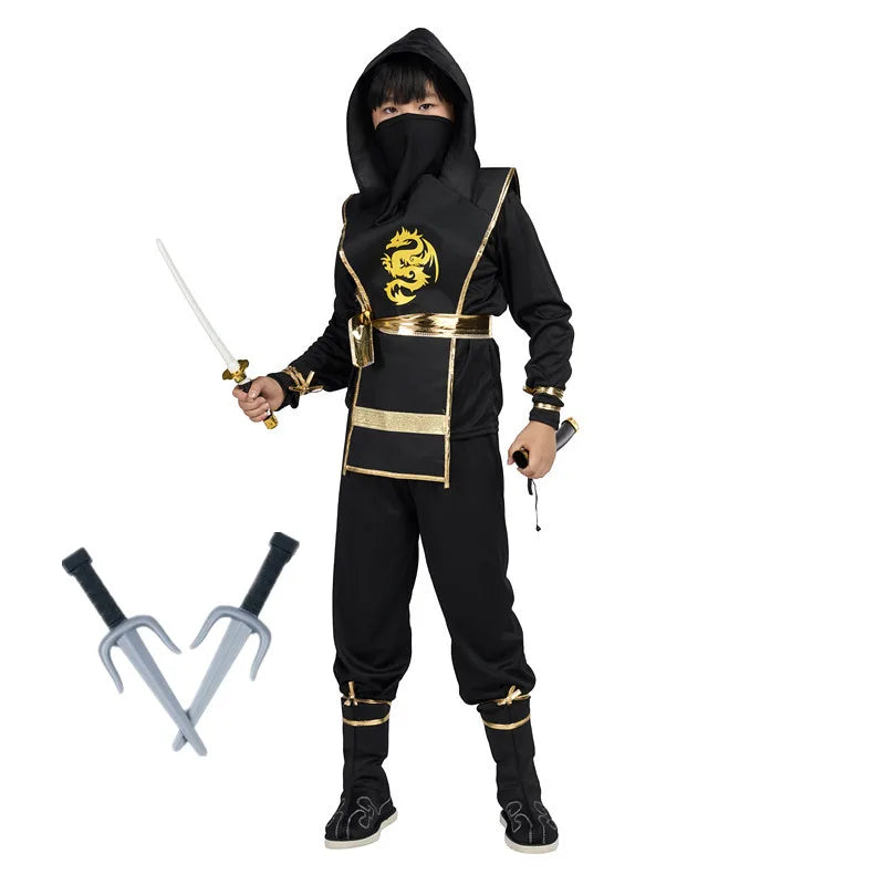 Ninja Costume for Kids Black Deluxe Ninja Costume for Boys Halloween Ninja Costume Dress Up with Knife Fork for Kids (10-12 Yrs)