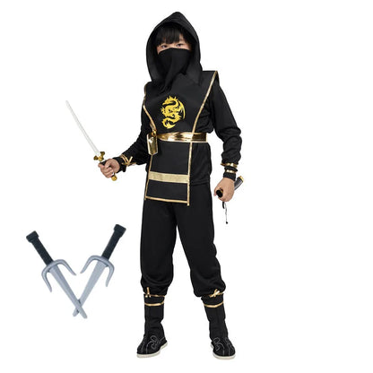 Ninja Costume for Kids Black Deluxe Ninja Costume for Boys Halloween Ninja Costume Dress Up with Knife Fork for Kids (10-12 Yrs)