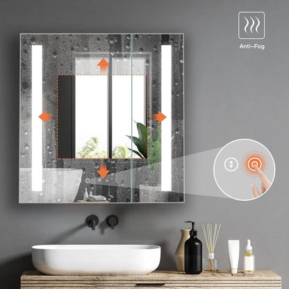 Mirror Cabinet,2 Doors Illuminated LED Bathroom Mirror Cabinet with Shaver Socket Dimmable Switch 3 Colors and Demister Pad-Grey