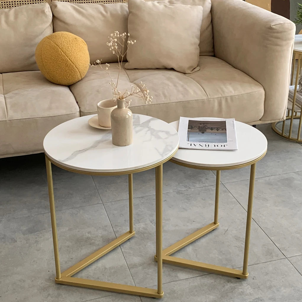 Round Nesting Sofa Side End Table with Gold Metal Frame, High Grade Marble Stone, Coffee Table, 2Pcs