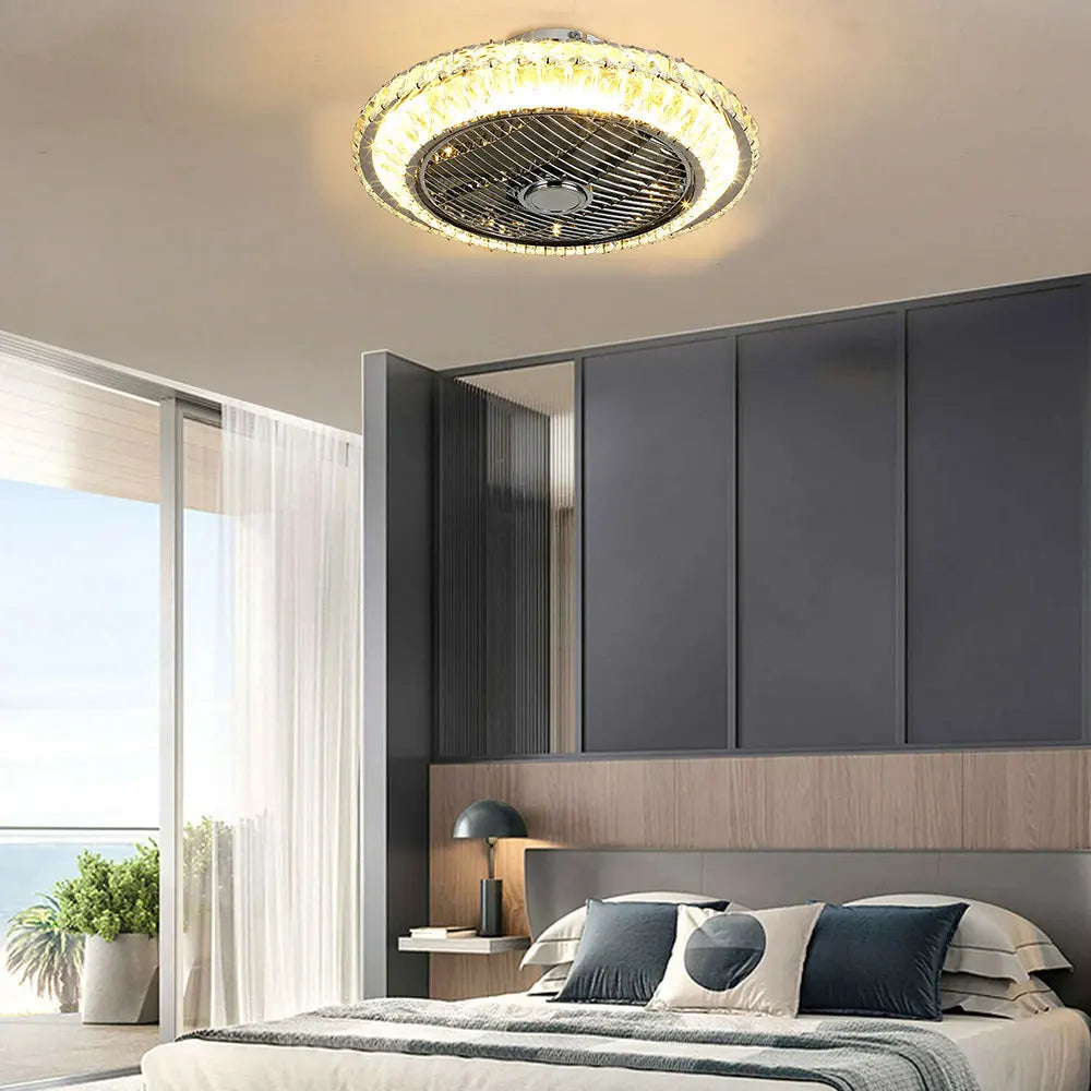 Round Crystal Flush Mount Dimmable LED Ceiling Fan Light