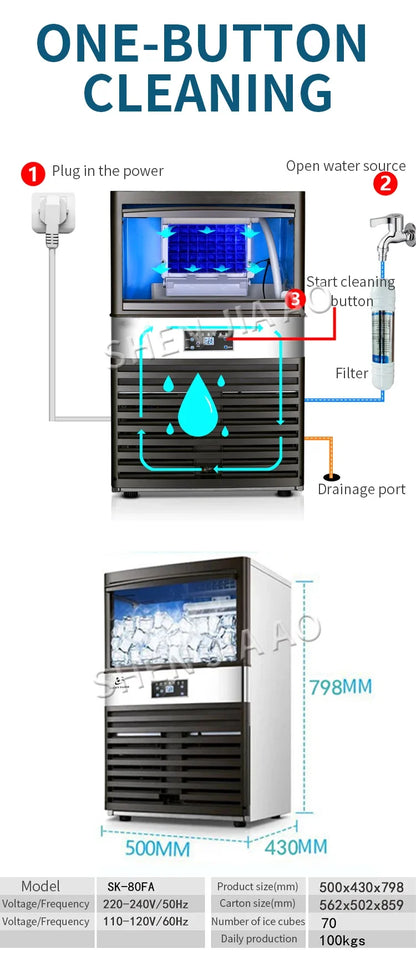 100kg Hot Ice Maker Machine for Bar Coffee Shop Milk Tea Room SK-80FA Commercial Ice Cube Making Machine 110V 220V