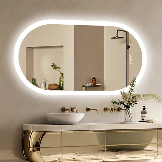 Oval LED Bathroom Mirror Smart Mirrors Dimmable 3 Colors Anti-Fog Light Memory IP65 CRI95 Large Wall Mounted Mirror 32 x 20 in