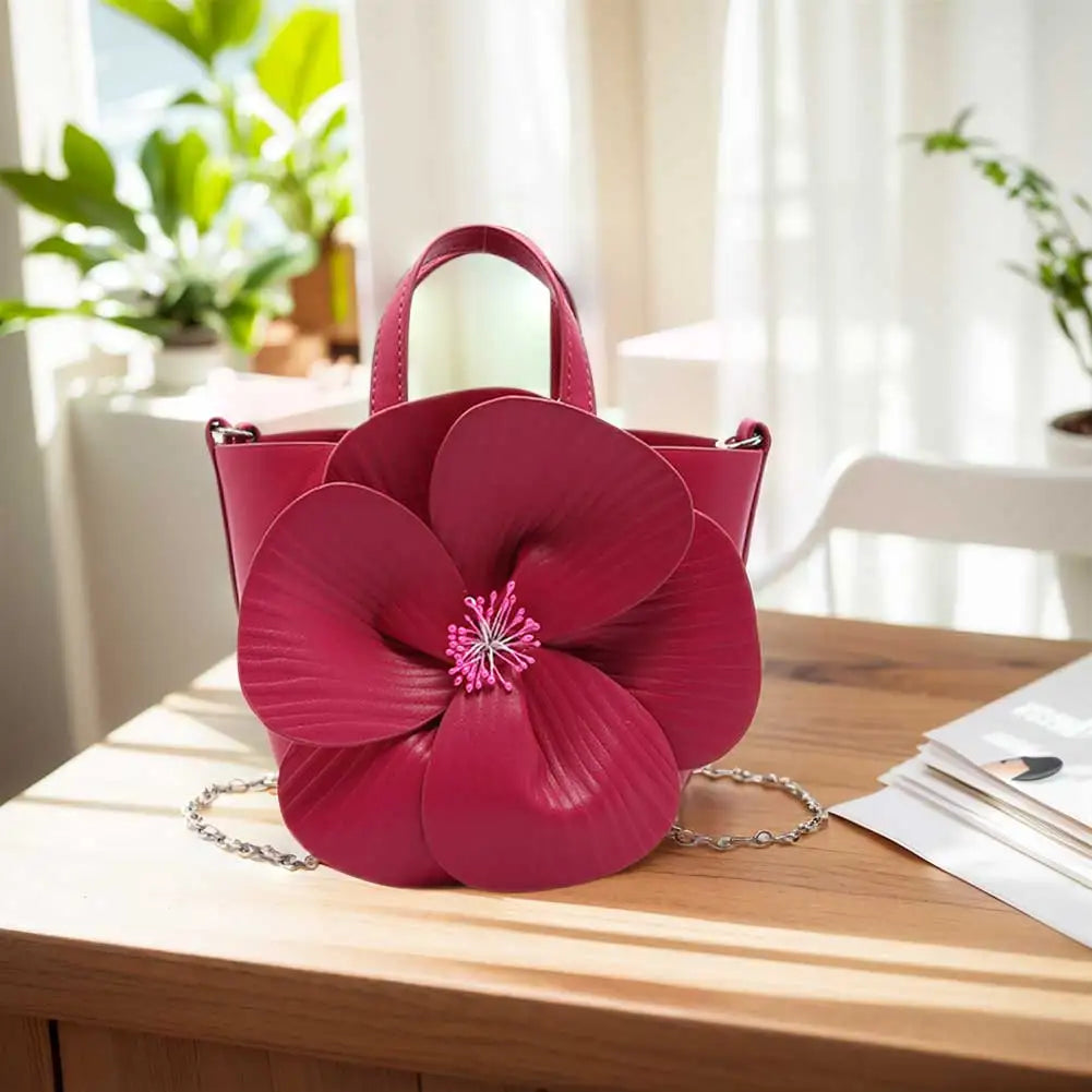 Premium PU Leather Flower Clutch Purse with Detachable Chain Elegant Bucket Bag for Weddings and Parties