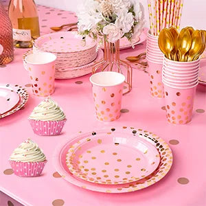 Pink and Gold Party Supplies 193 pcs/Serves 24 Pink and Gold Birthday Dinnerware Set- Pink and Gold Birthday Plates Cups etc