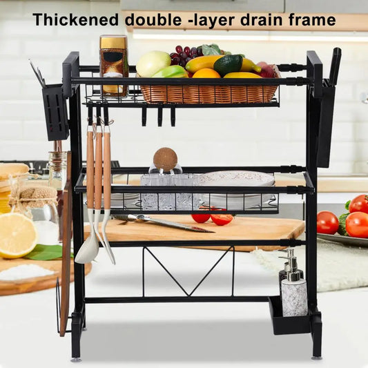 2 Tier Large Capacity Dish Rack, Sink Organize Stand, Kitchen Counter Storage Shelf Supplies for Plates Bowls Pots, Black