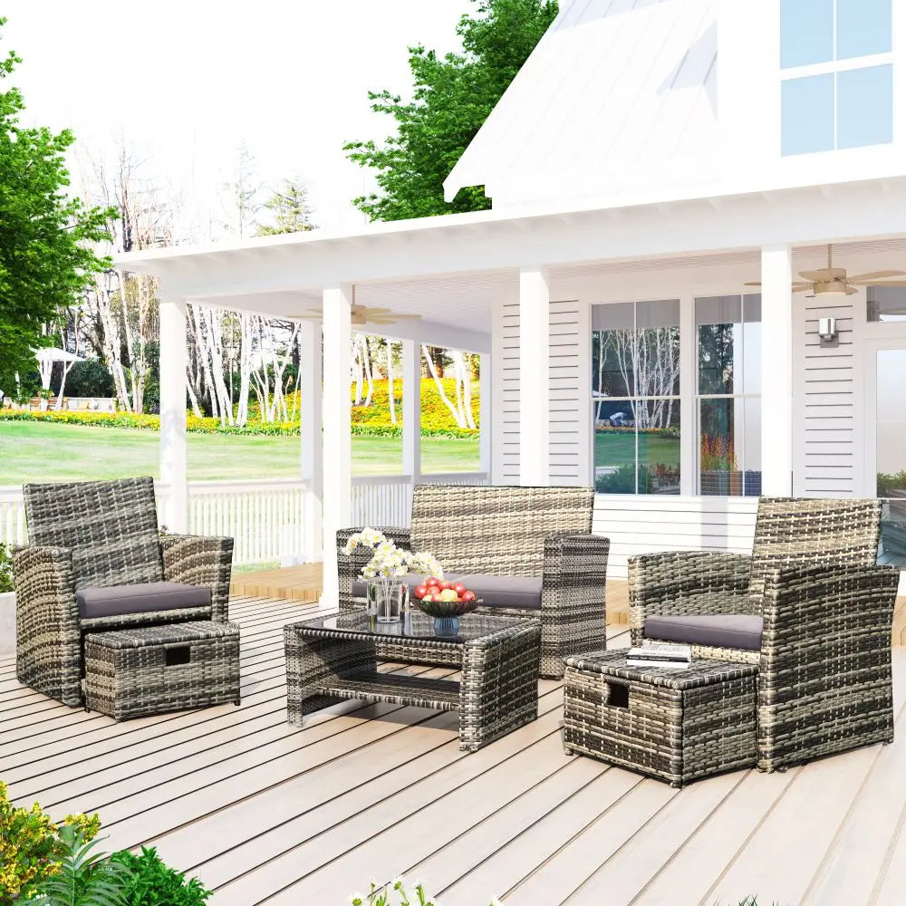 6 Pieces Garden Outdoor Patio Rattan Furniture Set, 6 Seater Sofa Set with Coffee Table & Footstools, Grey Rattan with Cushion