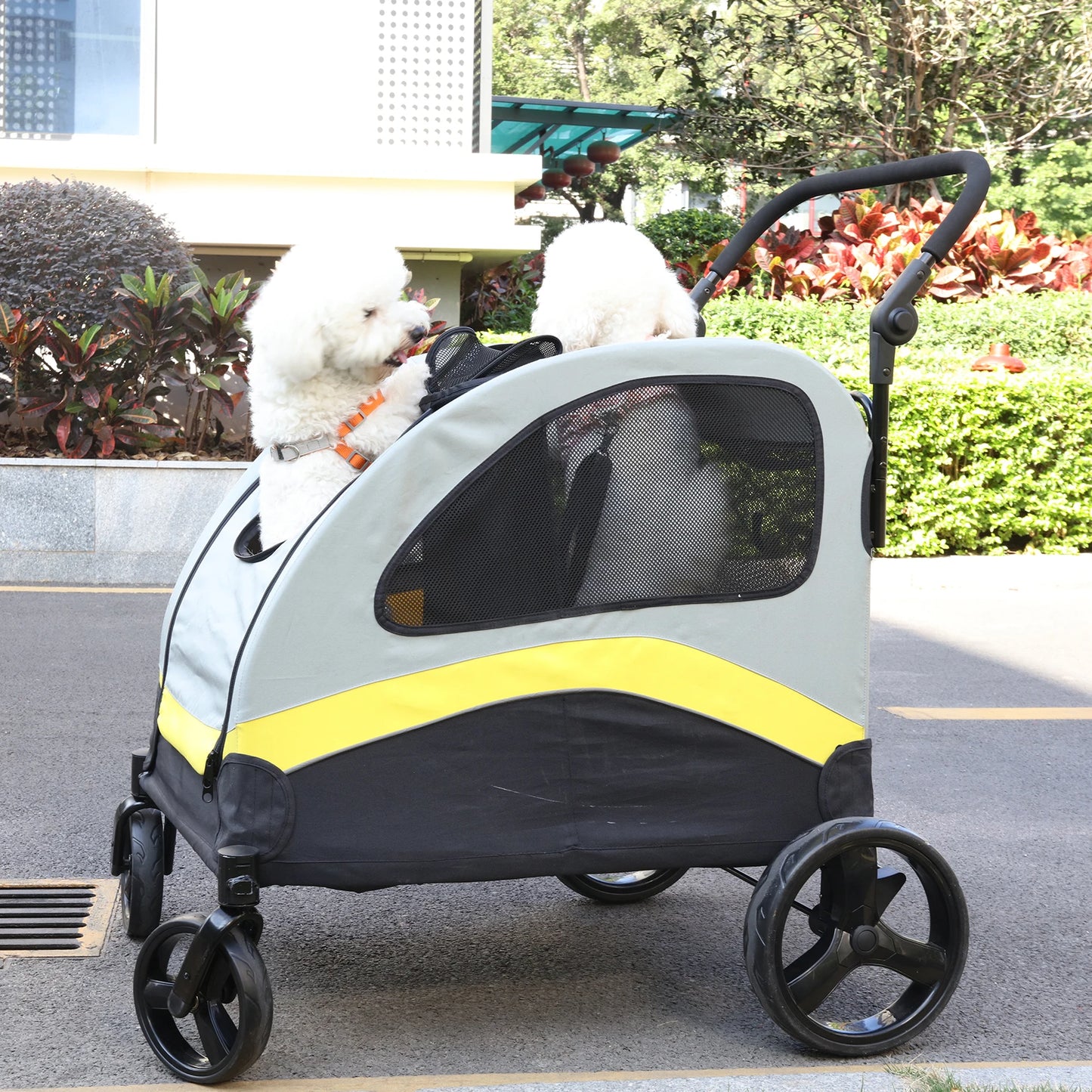 Pet Stroller for 2 Dogs, Zipper Divider and Wheels, One-key Folding Dog Jogger, Wagon, Travel Carriage