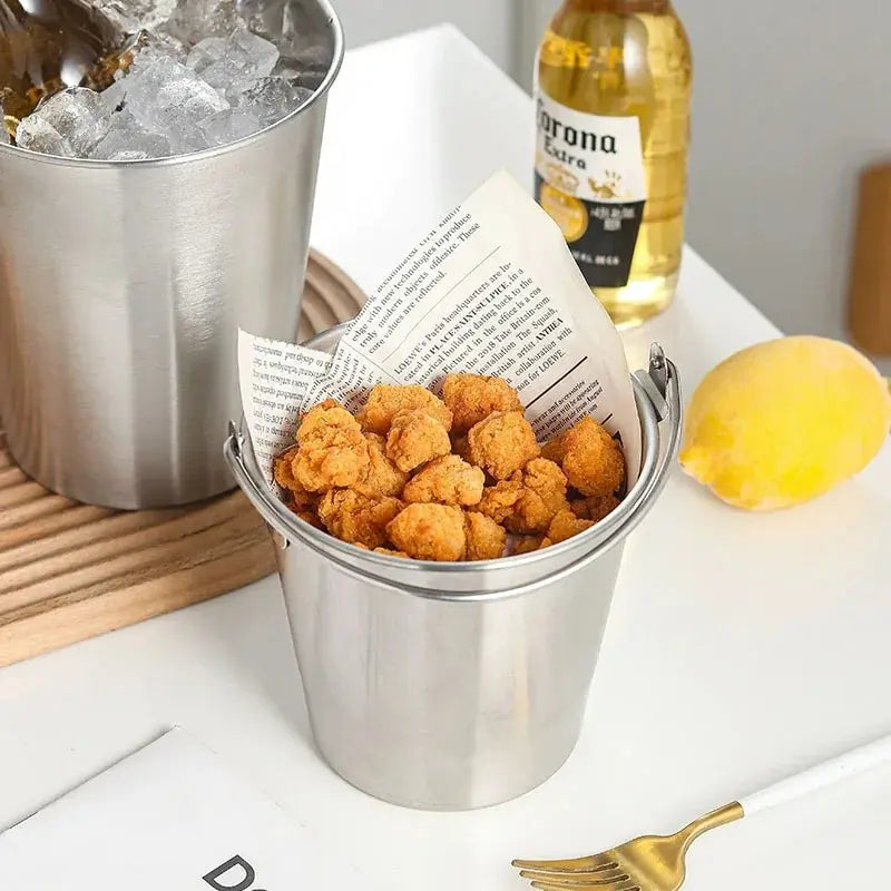 304 Stainless Steel Ice Bucket With Handle Multifunctional French Fries Fried Chicken Snacks Carrying Bucket (1L)