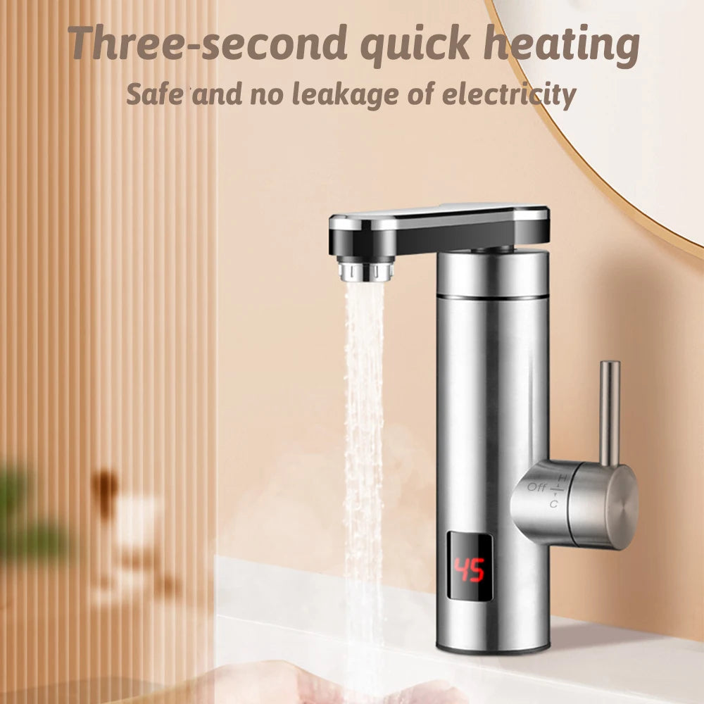 Electric Instant Heater Tap 3300W High Efficiency LED Digital Temperature Display Stainless Steel IPX4 360 Degrees Swivel Single