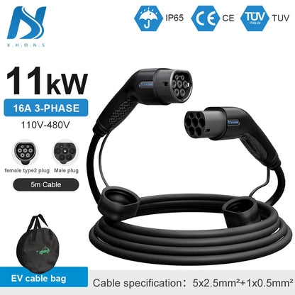 Khons Type2 To Type2 Ev Charging Cable  3Phase 32A Female To Male Plug 5M Cable 22kw IEC62196-2  EVES Charging Stations