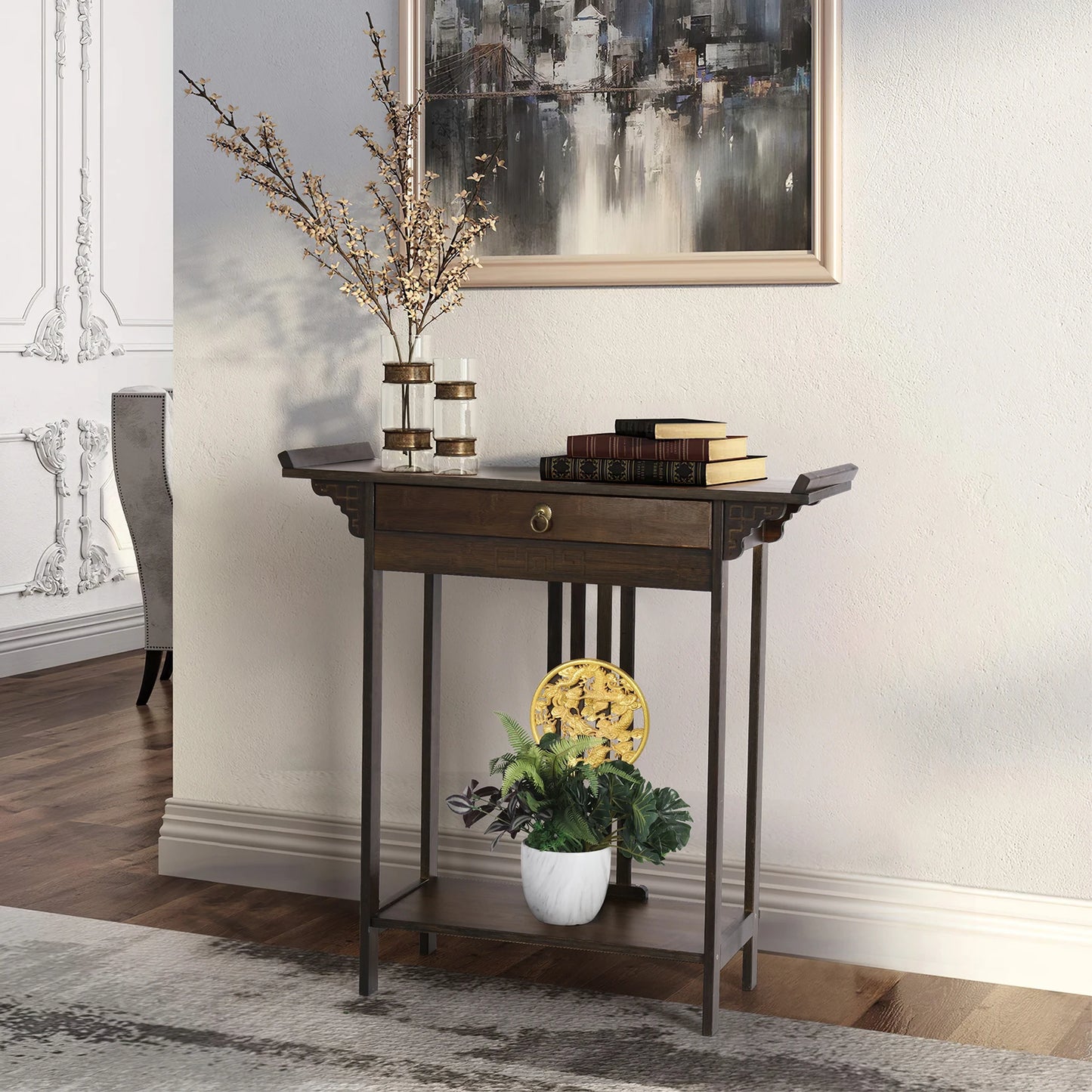 Rustic Brown Console Table with Drawer and Shelf, Sofa Side Table, Skinny Hallway Table, Chinese Entryway Furniture