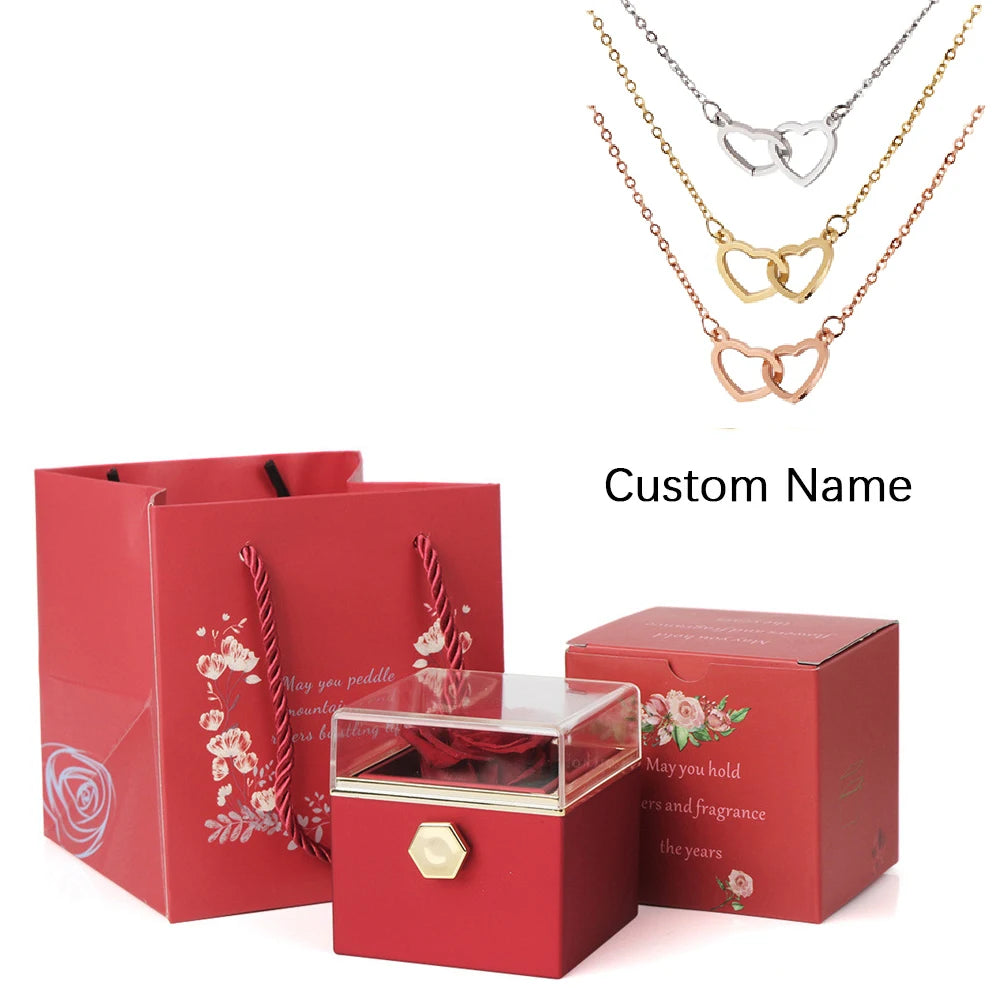 2024 New Valentine's Day Gift  Custom for Women Double Heart Engraved Name Steel Necklace Eternal Rose Box Wedding Ring Box