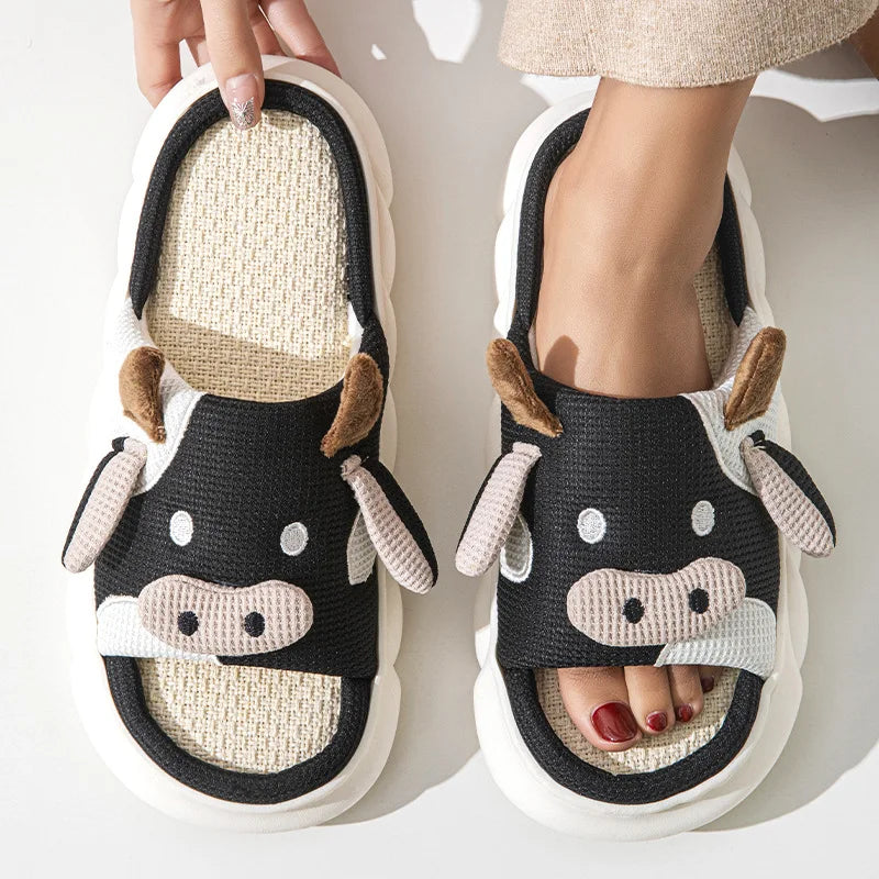 Pallene Women Winter Fur Fuzzy Slippers Cute Cartoon Cow Plush Slippers Indoor Warm Comfy House Slides Soft Casual Cotton Shoes