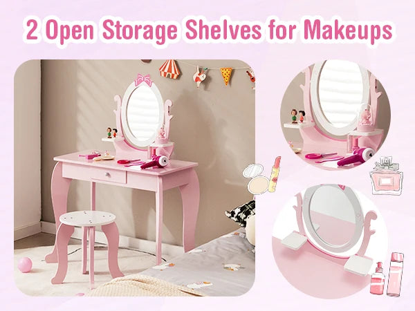 GOFLAME 2-in-1 Kids Vanity Table Set, Princess Pretend Play Makeup Table w/ Stool