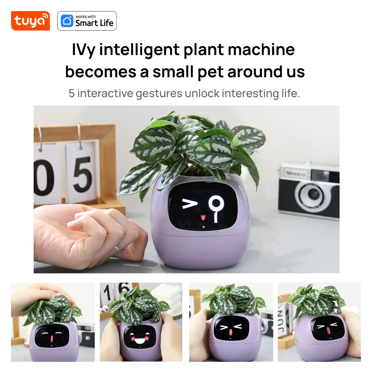 White Tuya Ivy Smart Planter,Endless Fun Over 49 Rich Expressions,7 smart sensors and AI Chips Make Raising Plants Easy and Fun