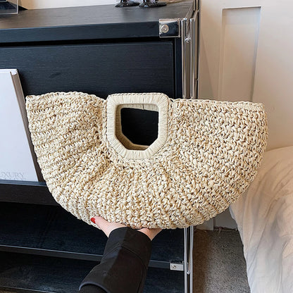 Women Handmade Straw Tote Bag Large Capacity Bohemia Moon Handbag Solid Color Simple Weaving Wrist Bag Summer Beach Bag