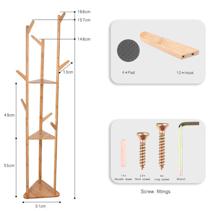 Wooden Coat and Hat Hanger Stand, Floor Standing, Clothes, Bags, Umbrella Rack, Tree Hanger, Bag Hook Holder, 10 Hooks