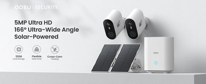 AOSU 2K 3MP Solar Battery Camera System 2 Cam Kit Wireless 360° PTZ Surveillance Wifi Camera Set Include Home Base Support Alex