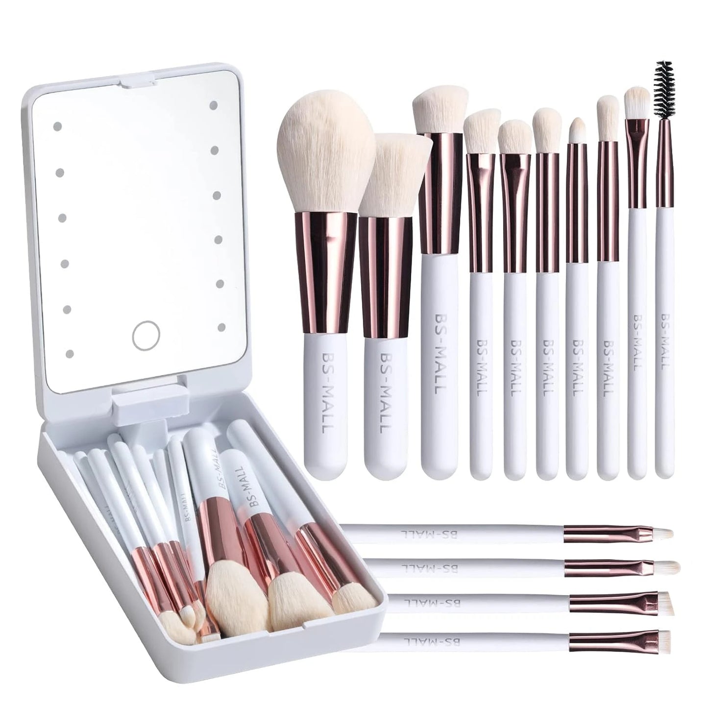 Versatile Luxurious Makeup Brush Set with Mini LED Light Mirror - Flawless for Daily Use or Travel - Ultra-soft Synthetic Bristl