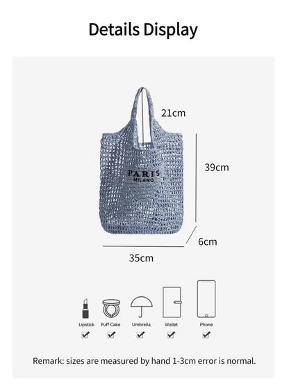 Women Summer Beach Vacation Fashion Straw Knitting Shoulder Bag Hollow Out Handwoven Handbag Portable Large Capacity Casual Tote