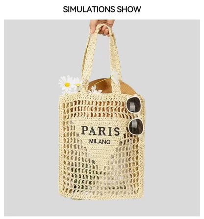 Women Summer Beach Vacation Fashion Straw Knitting Shoulder Bag Hollow Out Handwoven Handbag Portable Large Capacity Casual Tote