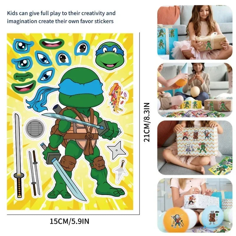 16Sheets Ninja Turtles TMNT Children DIY Puzzle Sticker Face Funny Anime Stickers Kids Assemble Stickers Toys Boys Girls Gifts