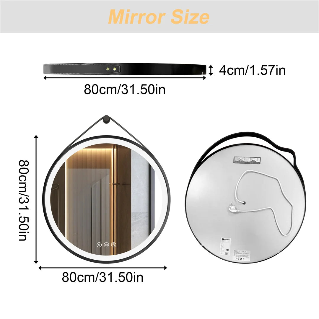 LUVODI 32" Large Round Bathroom Lighted Mirror With Touch Sensor Black Framed Bathroom Mirror with LED Lights