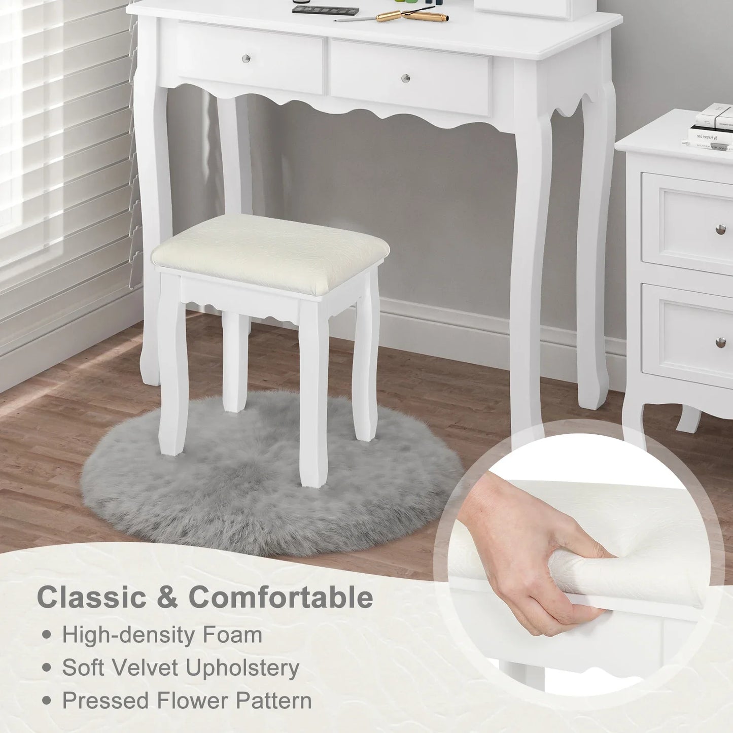 1PC Baroque Style White Dressing Stool 38x28.5x45cm Velvet Upholstered Makeup Vanity Chair Piano Bench Pouf for Bedroom