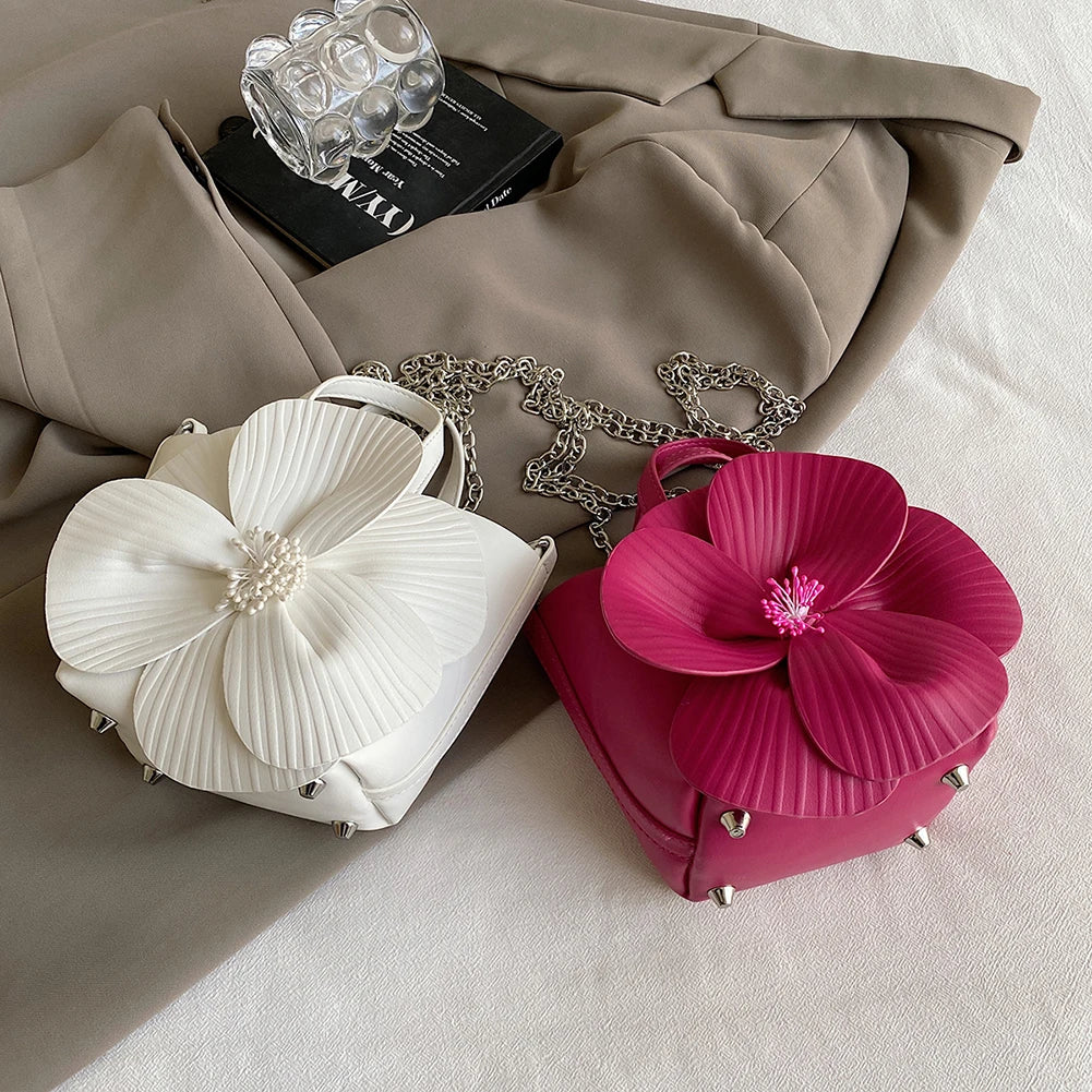 Premium PU Leather Flower Clutch Purse with Detachable Chain Elegant Bucket Bag for Weddings and Parties