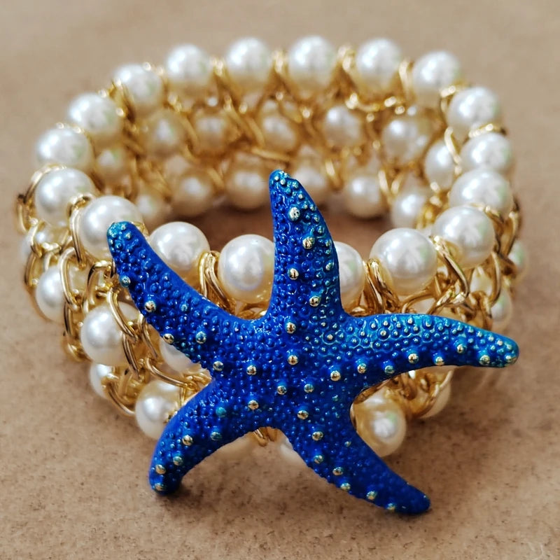 Trendy luxury  Starfish  Flower Elastic Pearl  Bracelet Bangle Jewelry For Women Party Gift