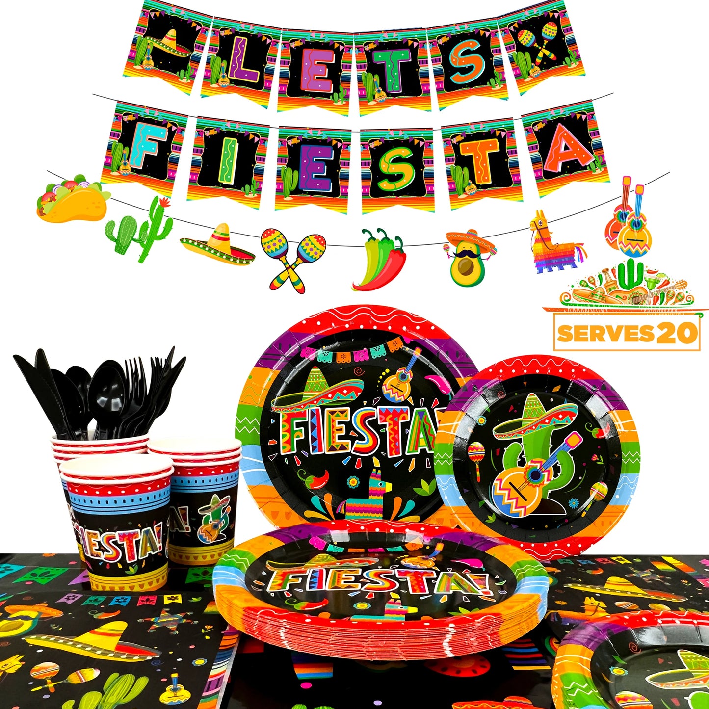 Mexican Themed Fiesta Party Supplies,161pcs Paper Tableware Set Includes Mexican Fiesta Plates Cups Napkins etc for 20 Guests