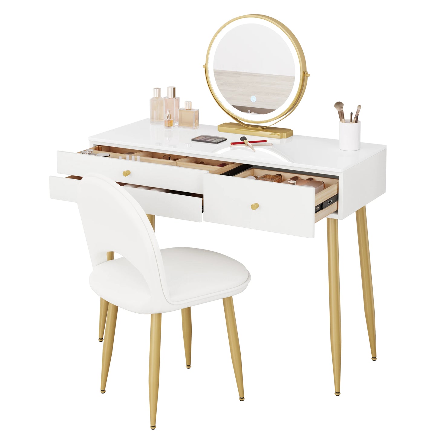 1SET Vanity Dressing Table Cosmetic Make up Table with Lighting Adjustable LED Mirror Light 3 Drawers Velvet Stool for Bedroom