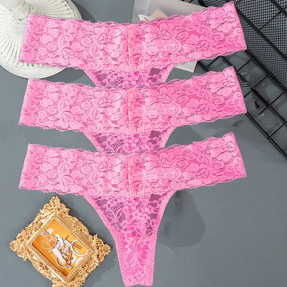 3PCS Lace Floral Women Panties Low Waist Breathable Briefs Female Thong Underwear M-2XL Solid Sexy G-String Transparent Panty