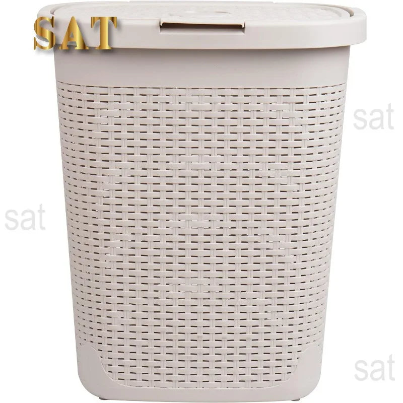 50L Slim Laundry Hamper, Clothes Basket, Lid, Wicker Design, Plastic, 17.65"L x 13.75"W x 21"H