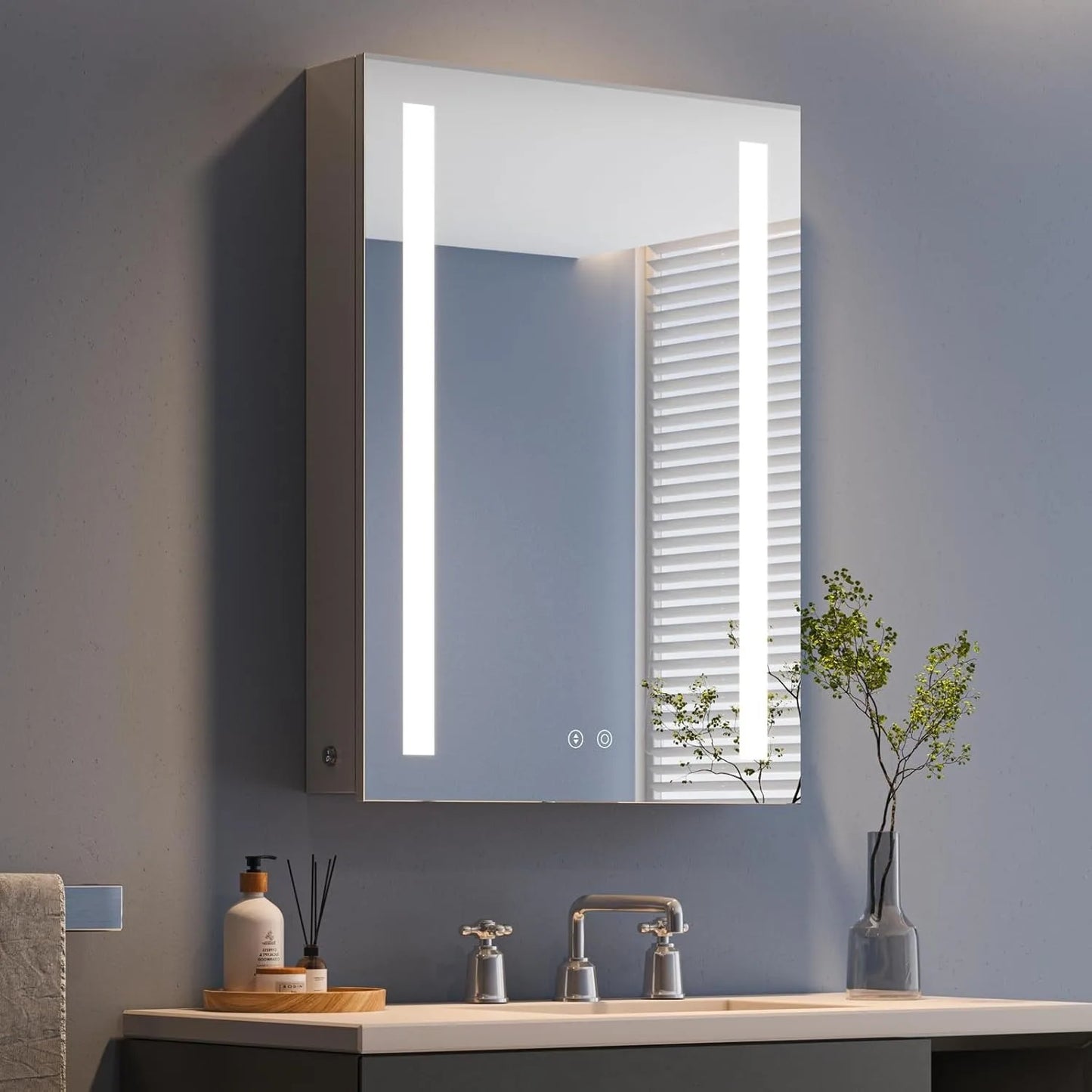 Mirror Cabinet with LED, Illuminated LED Bathroom Mirror Cabinet with Shaver Socket Dimmable Switch 3 Colors and Demister Pad