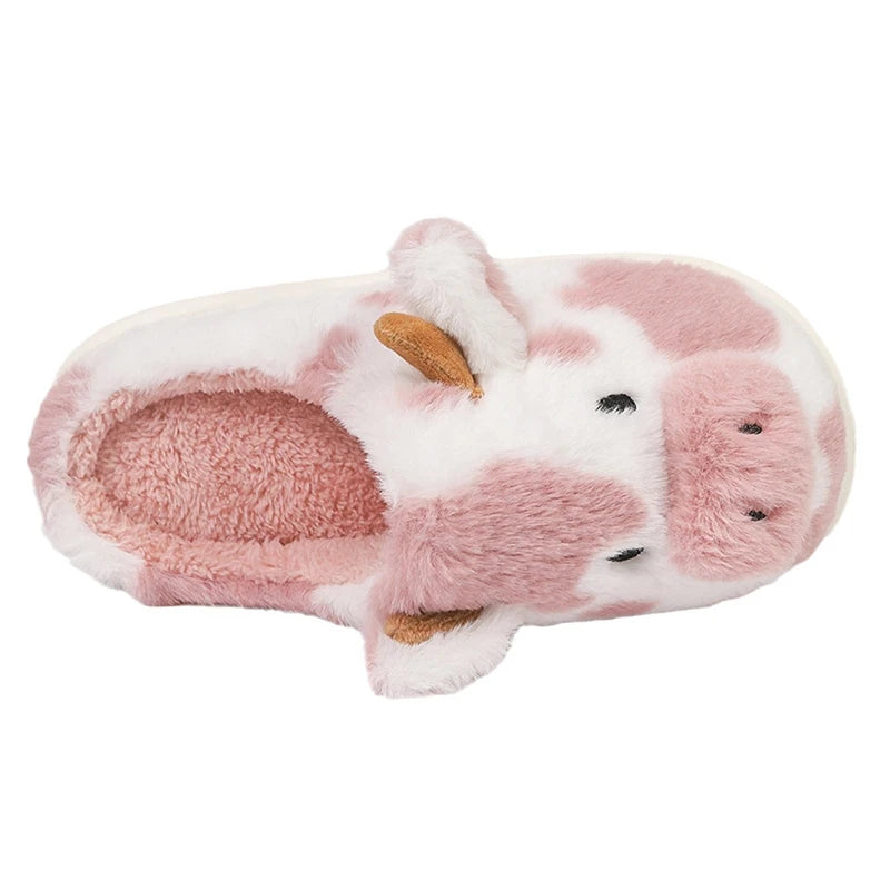 Women's Winter Warm Cartoon Cow Slippers Closed Toe Non Slip Furry House Shoes Women Indoor Bedroom Thick Sole Plush Slippers