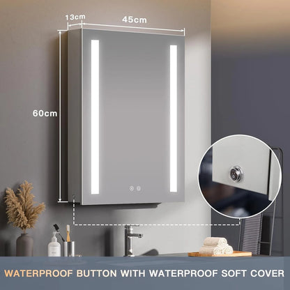 Mirror Cabinet with LED, Illuminated LED Bathroom Mirror Cabinet with Shaver Socket Dimmable Switch 3 Colors and Demister Pad