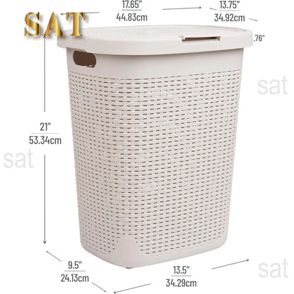 50L Slim Laundry Hamper, Clothes Basket, Lid, Wicker Design, Plastic, 17.65"L x 13.75"W x 21"H