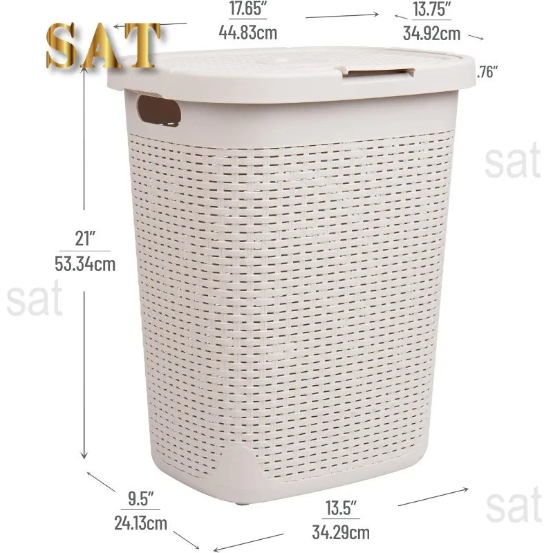 50L Slim Laundry Hamper, Clothes Basket, Lid, Wicker Design, Plastic, 17.65"L x 13.75"W x 21"H