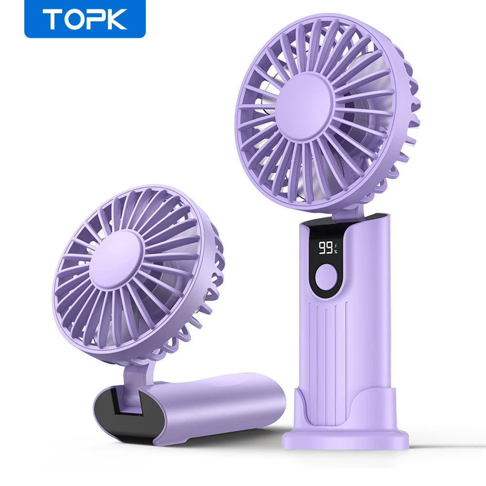 TOPK Portable Hand Held Fan,5000mAh 2-IN-1 Neck HandHeld Fan 180° Foldable Whisper-Quiet Brushless Motor Comes with Hanging Rope