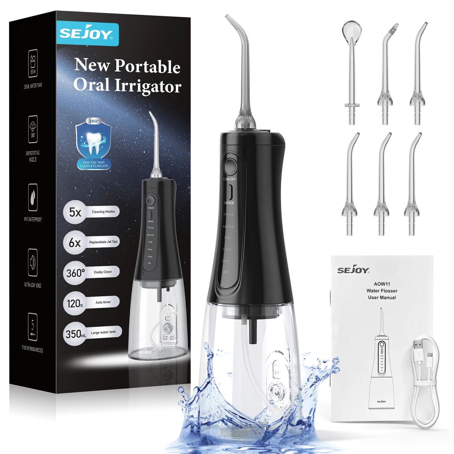 Sejoy Water Flosser Dental Cordless for Teeth Cleaning 5 Modes Oral Irrigator Braces Flossers Cleaner Portable for Travel Home