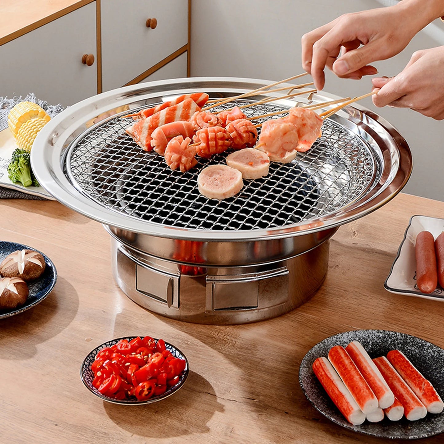 13Inch Korean BBQ Grill Multifunctional Charcoal Barbecue Grill Round Camping Grill Stove Tabletop Smoker Grill Grilled Net&Tray